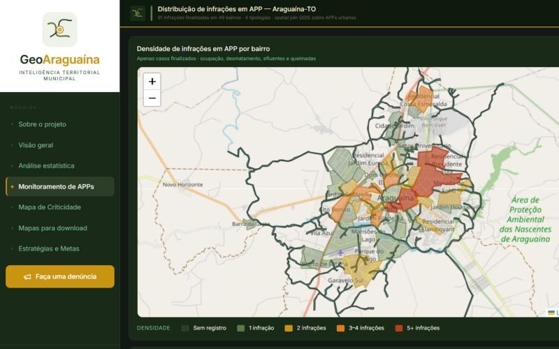 Tela do GeoAraguaína com o mapa de densidade de infrações em APP por bairro de Araguaína
